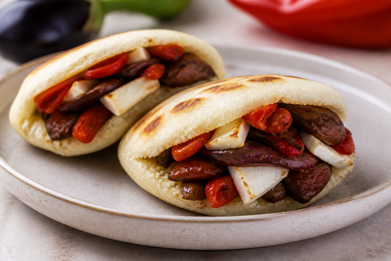 Arepas Rellenas de Berenjena Ahumada, Ají Dulce y Queso Llanero