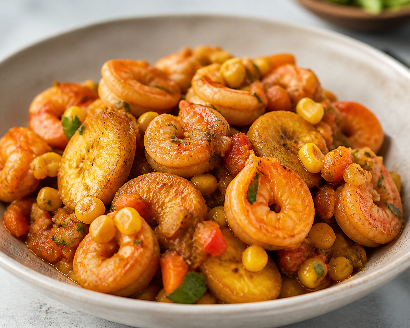 Cazuela Boricua de Camarones, Maíz Tierno y Plátano Maduro al Sofrito