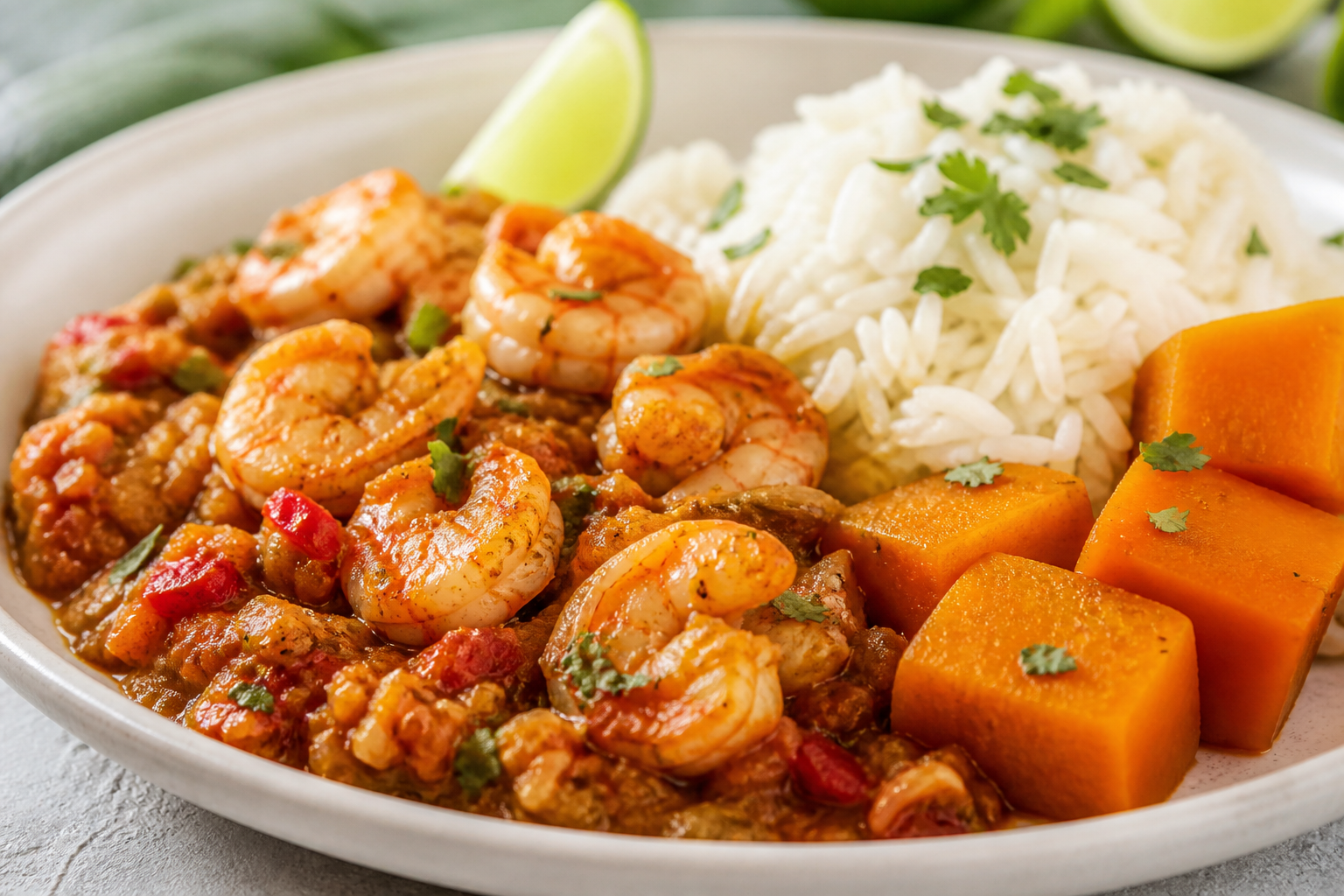 Cazuela Boricua de Camarones con Arroz de Coco y Calabaza