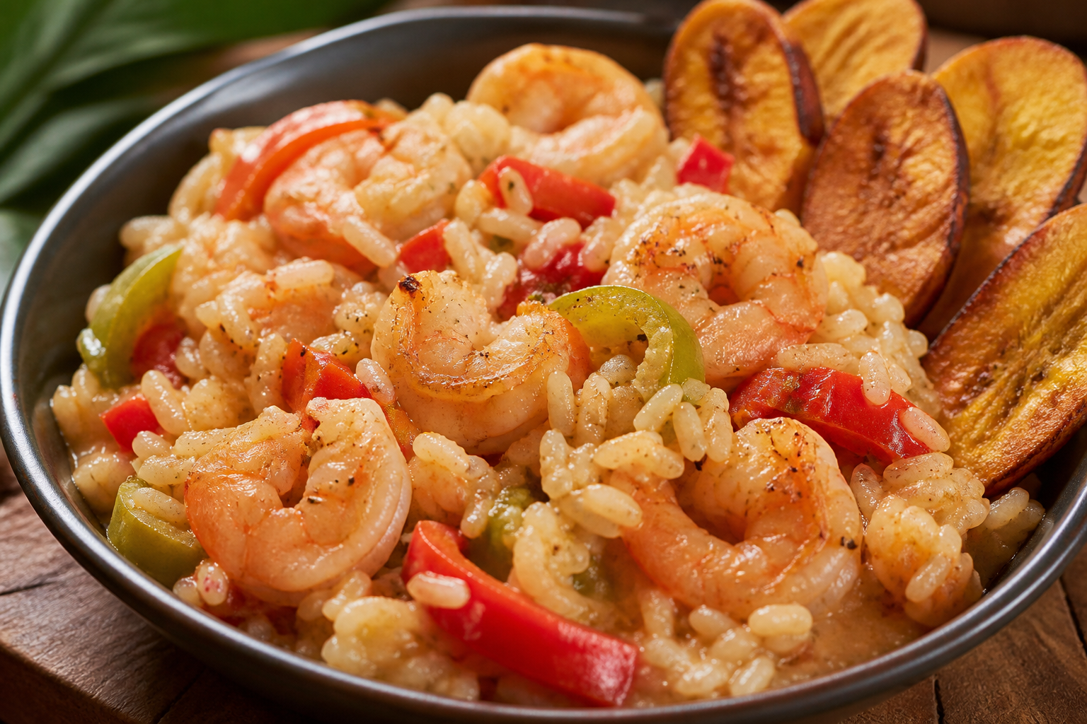 Cazuela Boricua de Camarones y Arroz con Coco, Ají Dulce y Tostones Finos