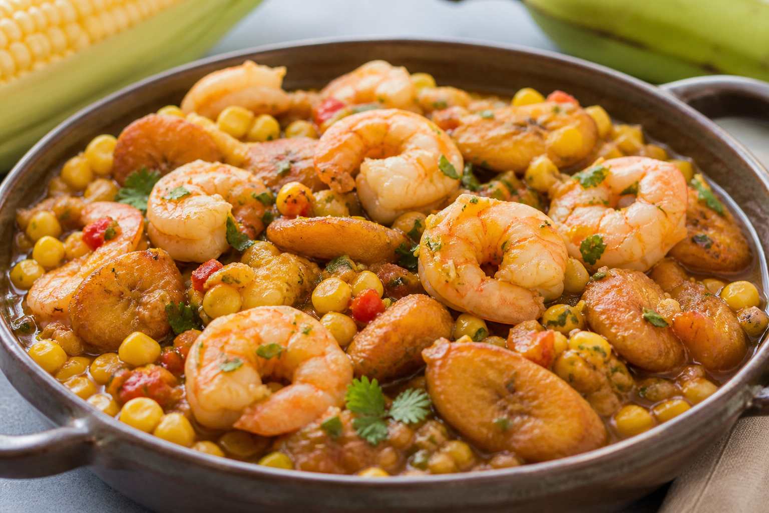 Puerto Rican Shrimp, Sweet Corn and Ripe Plantain Cazuela
