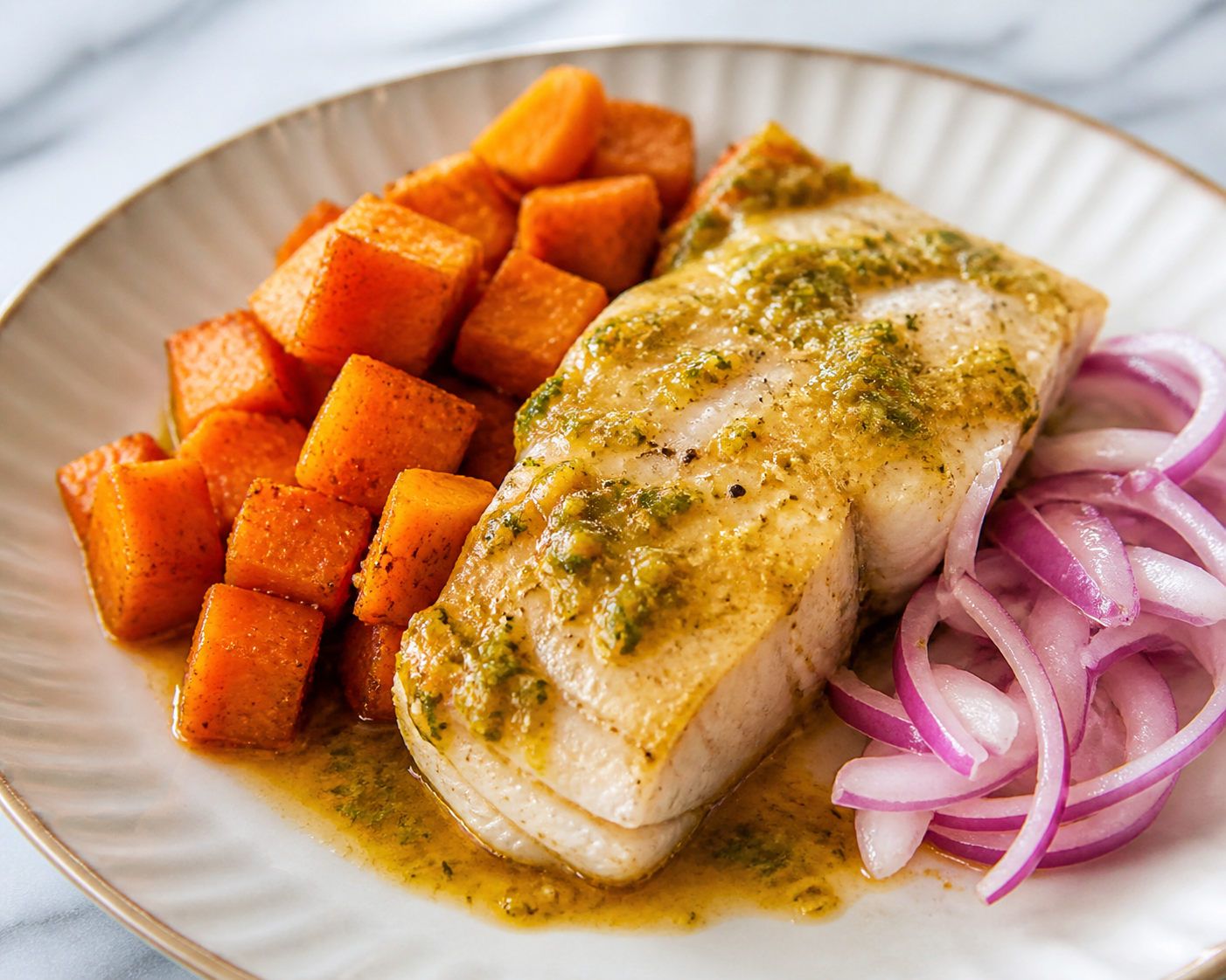 Puerto Rican Cod with Sour Orange Mojo and Annatto Sweet Potatoes