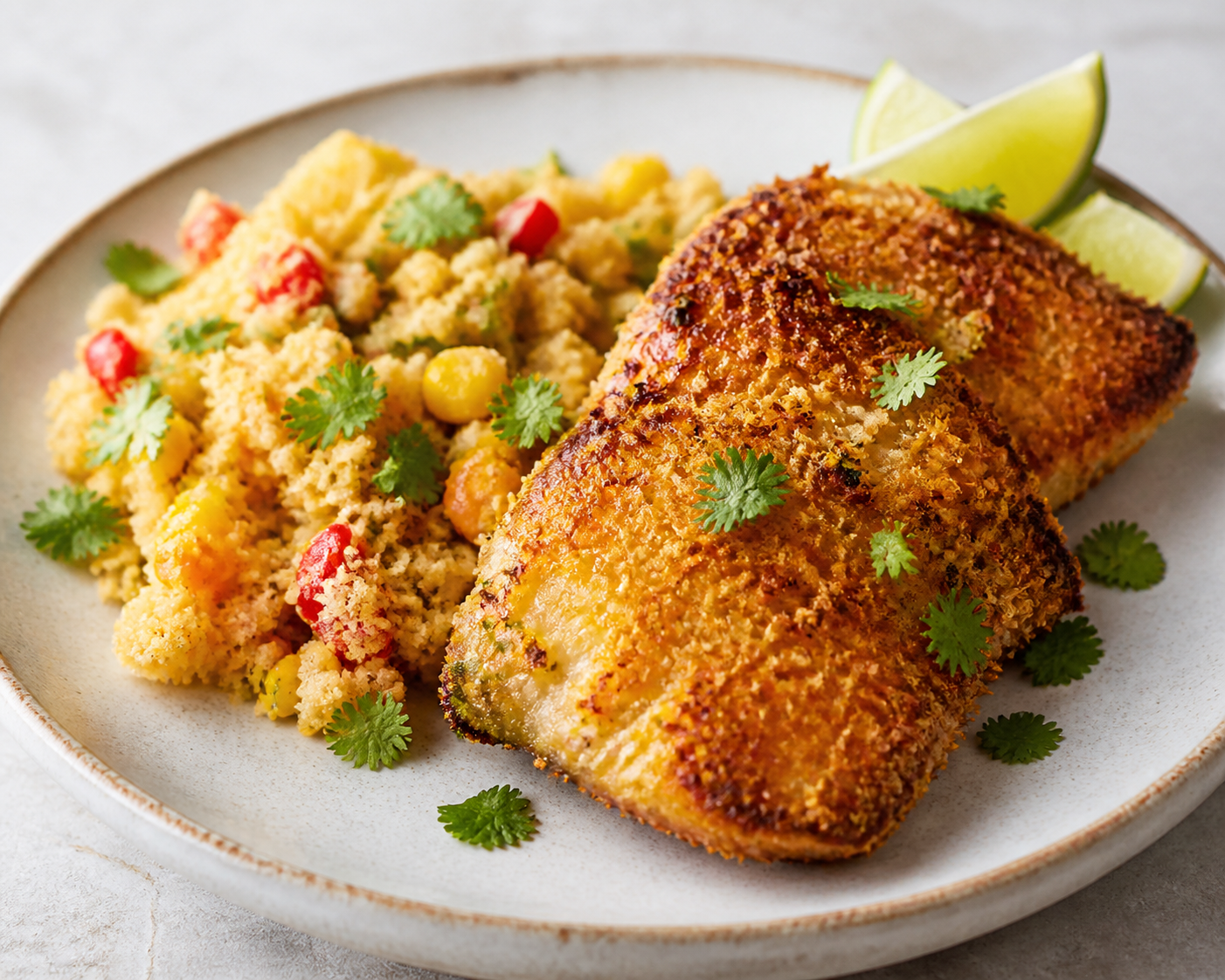 Brazilian Baked Chicken with Coconut Crust and Corn Farofa with Peppers