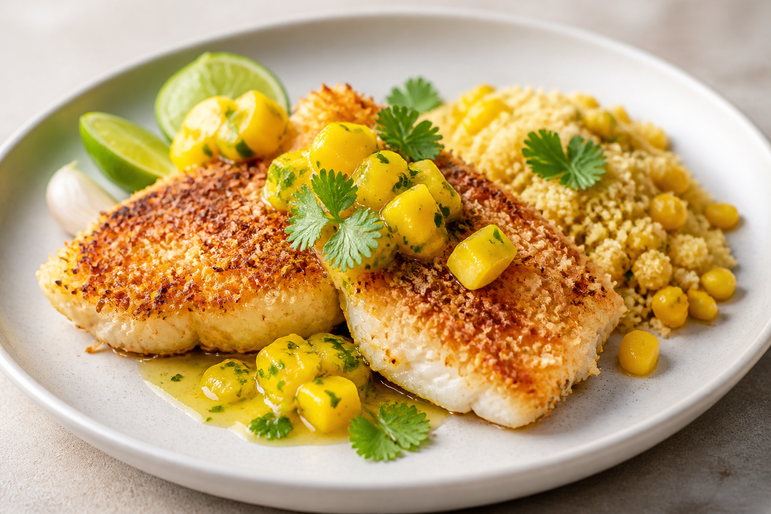 Brazilian Coconut-Crusted Tilapia with Corn Farofa and Warm Mango Cilantro Vinaigrette