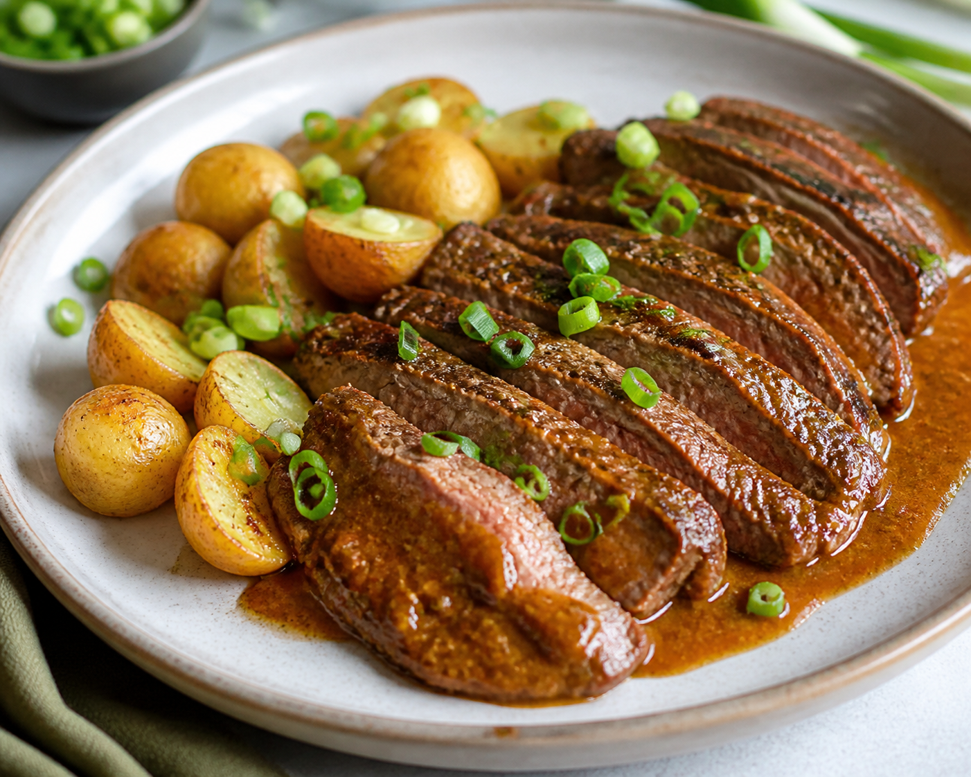 Baked Flank Steak in Tree Tomato and Cumin Sauce with Golden Creole Potatoes