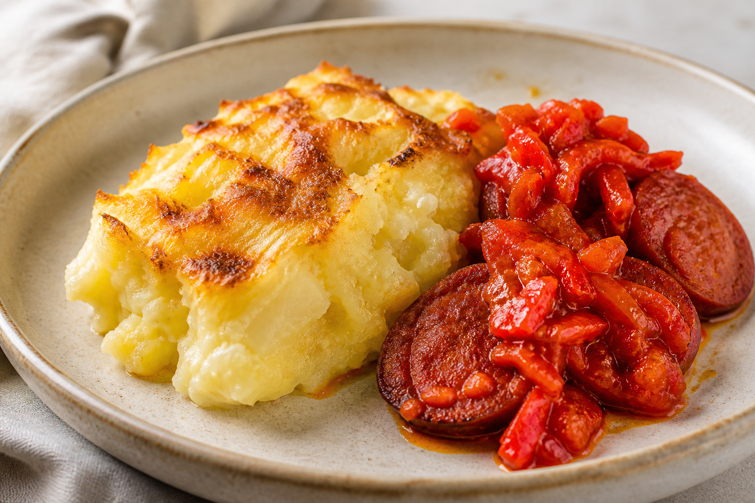 Creamy Yuca Bake with Colombian Chorizo and Roasted Pepper Hogao