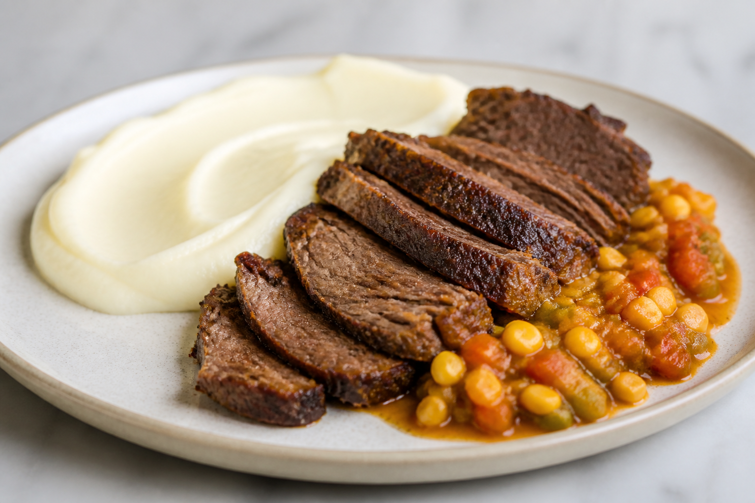 Sobrebarriga Criolla al Tamarillo con Puré de Yuca y Hogao de Maíz Tostado