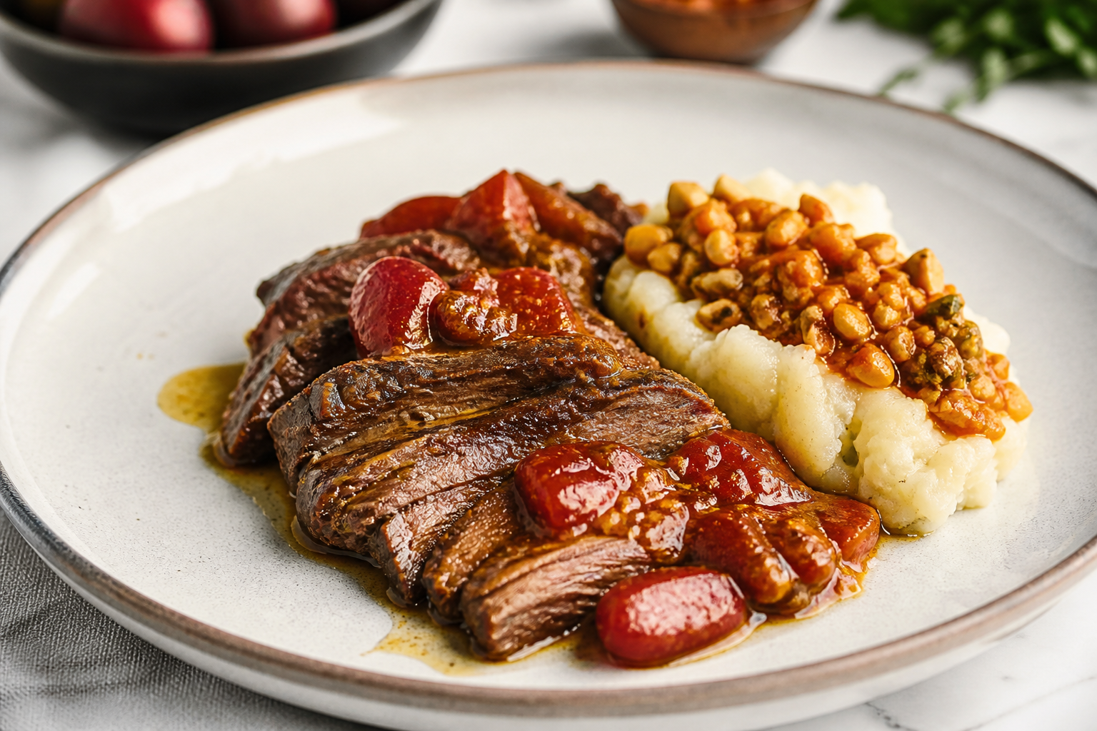 Tamarillo Braised Flank with Yuca Mash and Creole Peanut Hogao