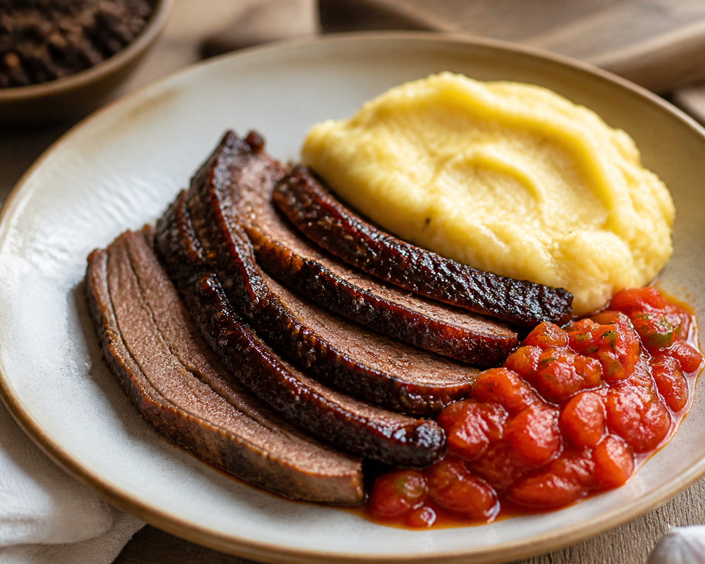 Baked Flank Beef with Coffee-Panela Crust, Arracacha Mash, and Tomato Hogao