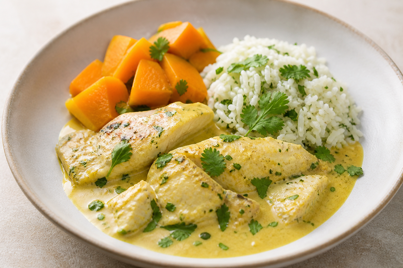 Gentle Catfish Coconut Stew with Cilantro Rice and Squash
