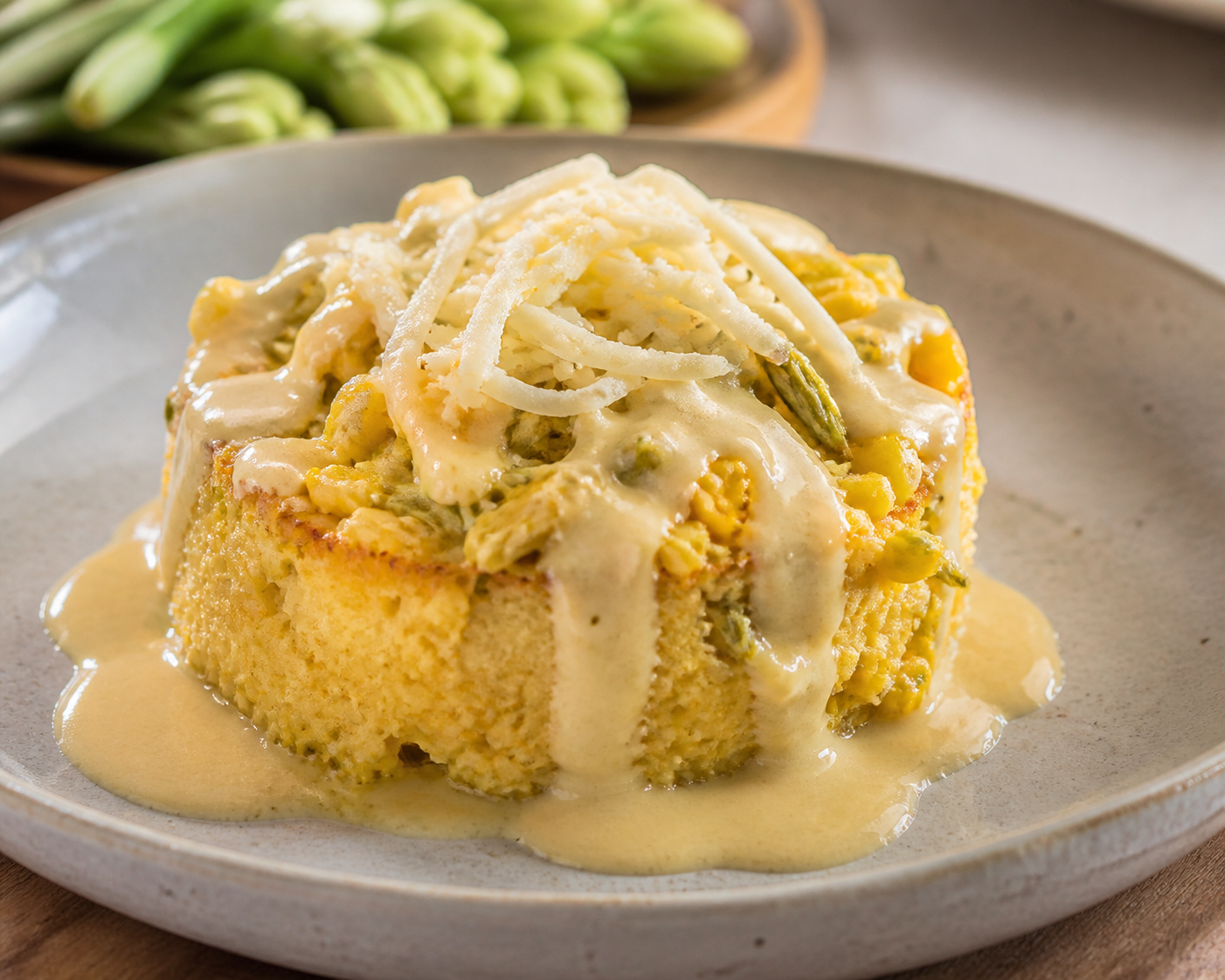 Tender Corn Cake with Loroco, Quesillo, and Roasted Garlic Cream