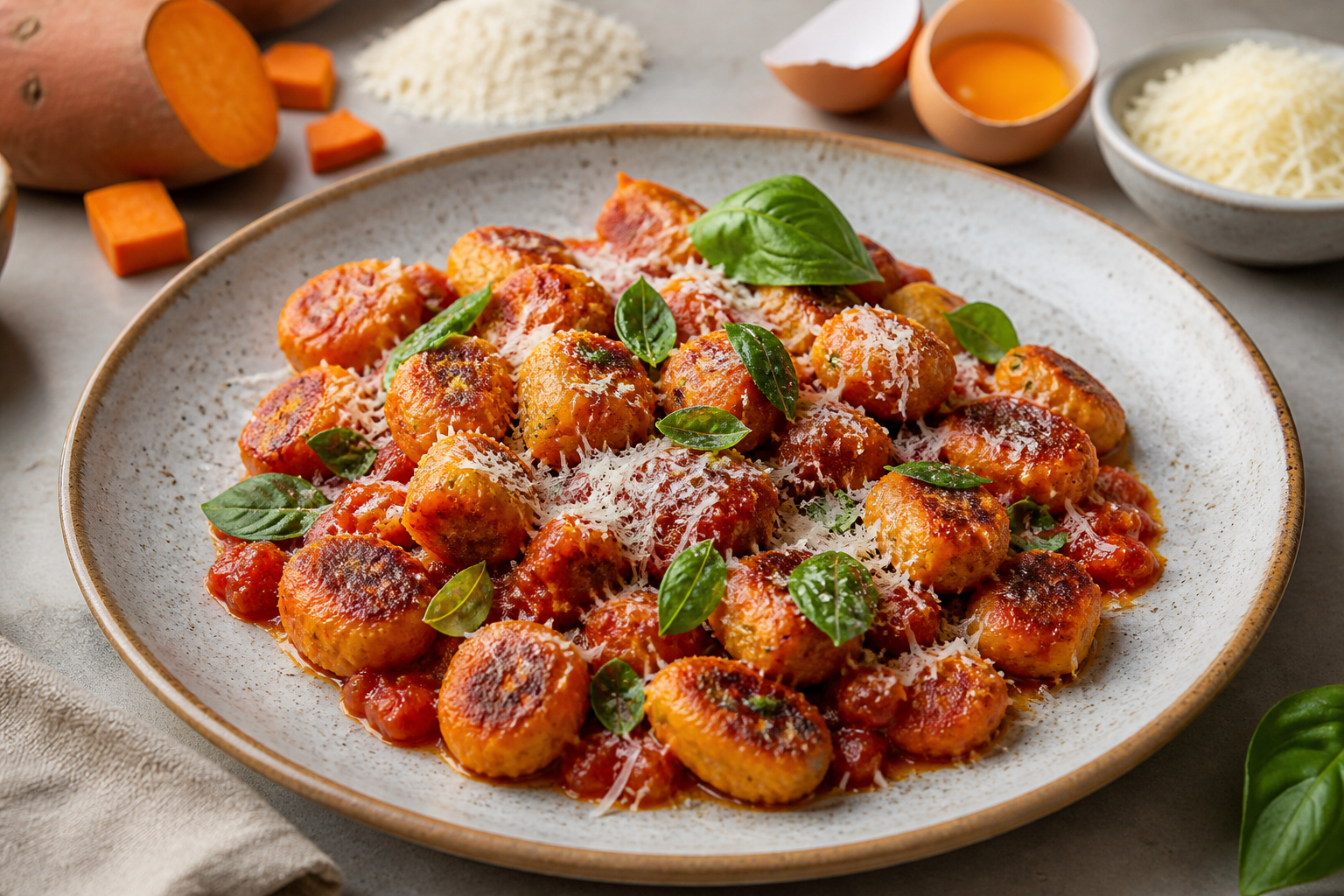 Crispy Sweet Potato Gnocchi with Roasted Tomato Sauce, Basil, and Sardo Cheese