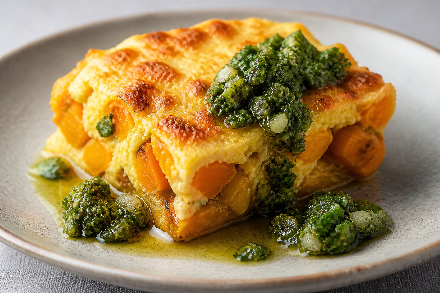 Pastel de Humita y Zapallo Asado con Costra de Queso y Salsa Criolla de Albahaca