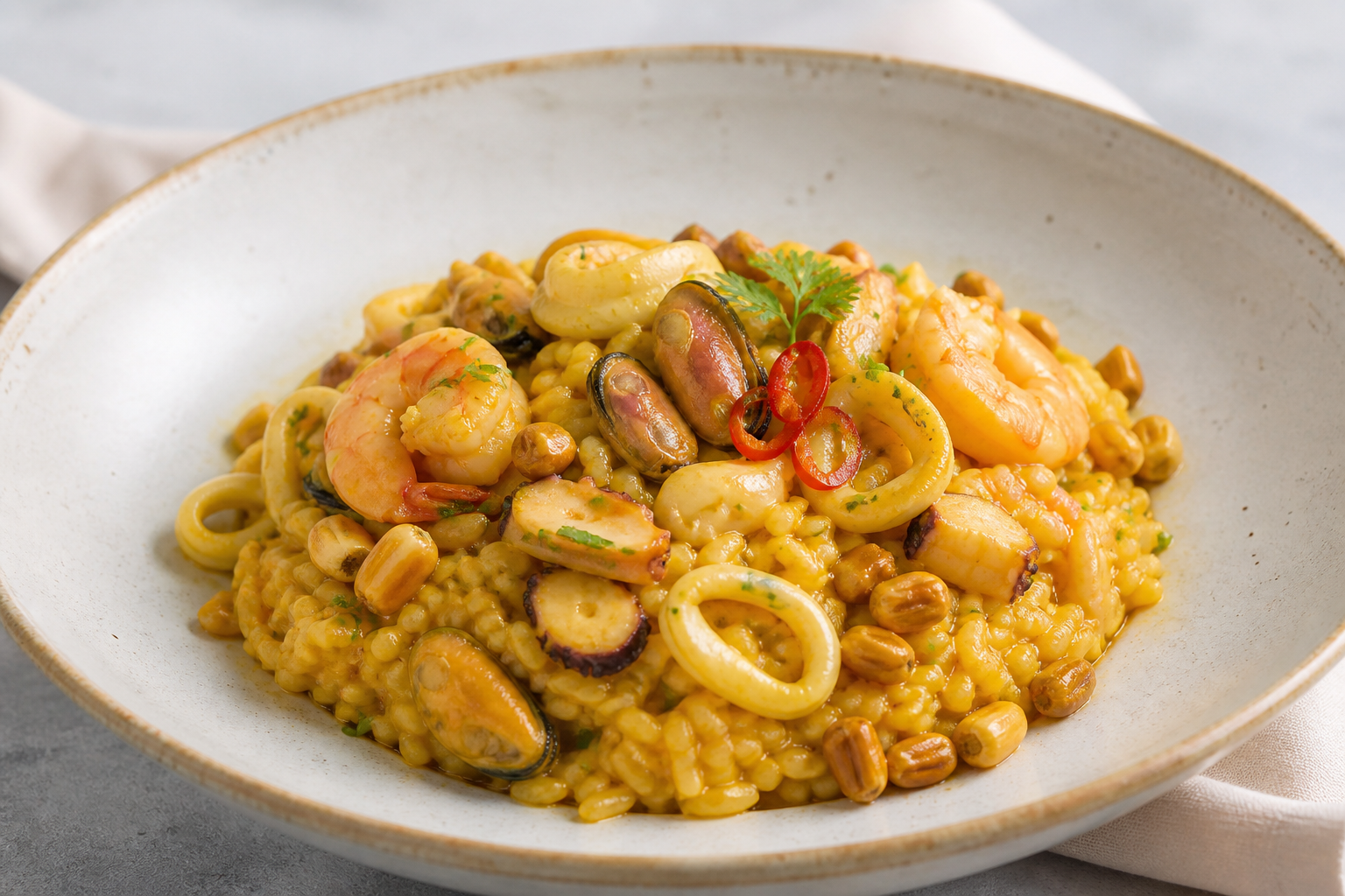 Arroz Meloso Peruano de Mariscos con Ají Amarillo y Choclo Tostado