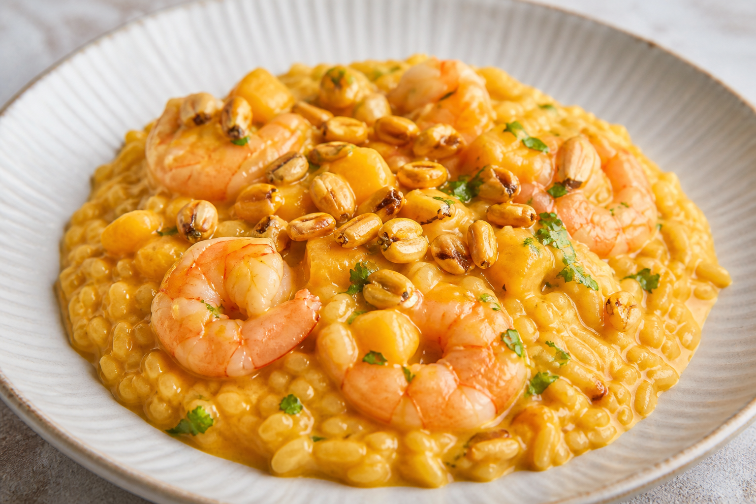 Arroz Meloso Peruano con Langostinos, Ají Amarillo y Choclo Tostado