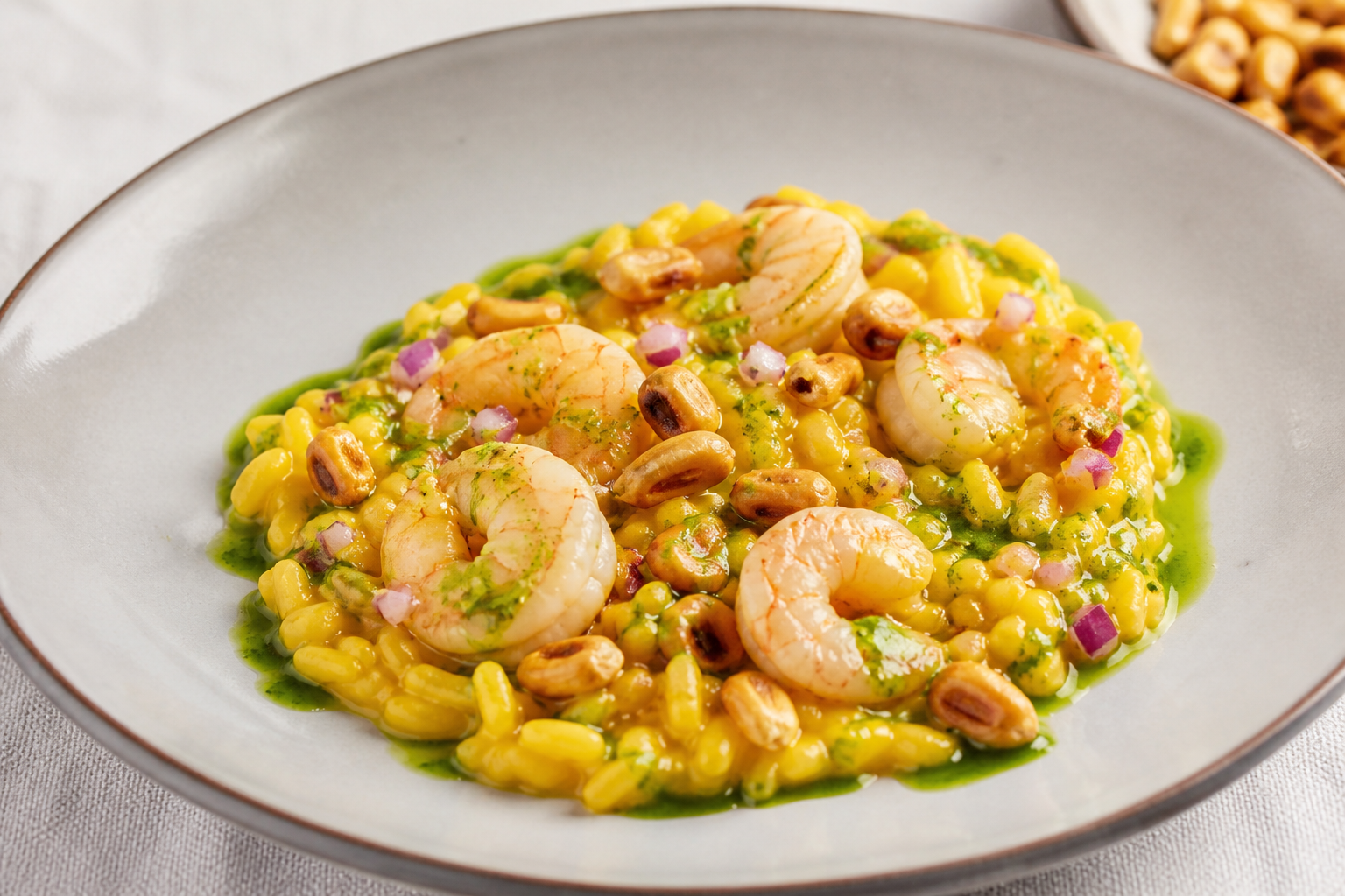 Arroz Meloso de Ají Amarillo con Langostinos, Choclo Tostado y Aceite de Culantro