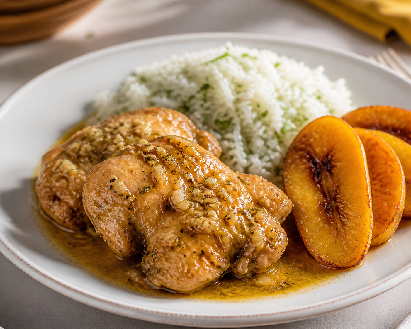 Cuban Chicken in Warm Sour Orange Escabeche with Cilantro Rice and Seared Plantain