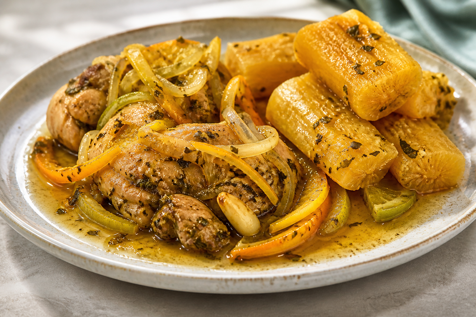 Cuban Chicken in Warm Citrus Escabeche with Golden Oregano Yuca