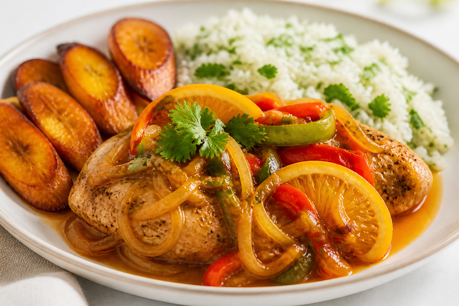 Pollo Cubano en Escabeche Tibio de Naranja Agria con Arroz de Cilantro y Plátano Dorado