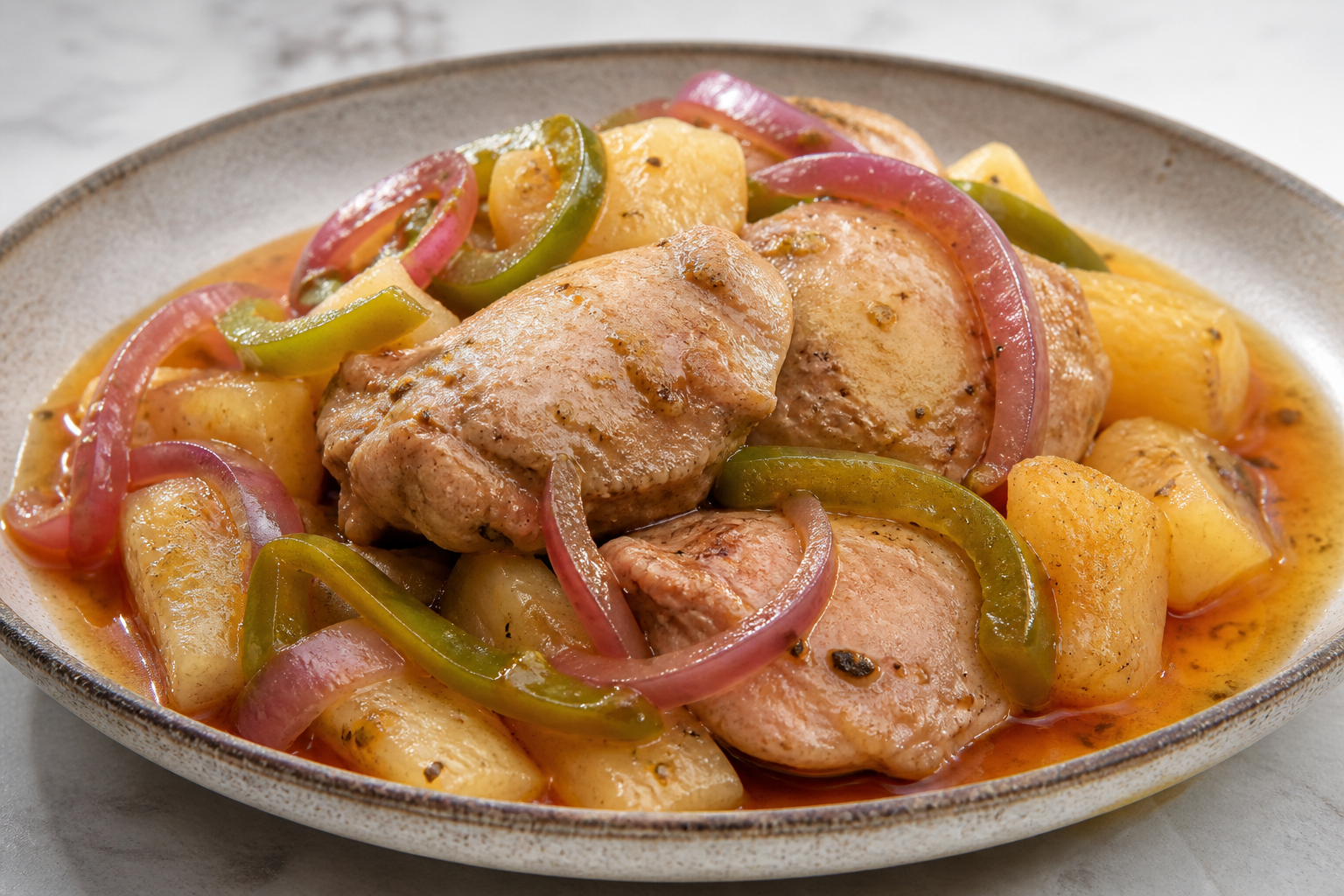 Cuban Chicken in Warm Citrus Escabeche with Golden Yuca and Red Onion
