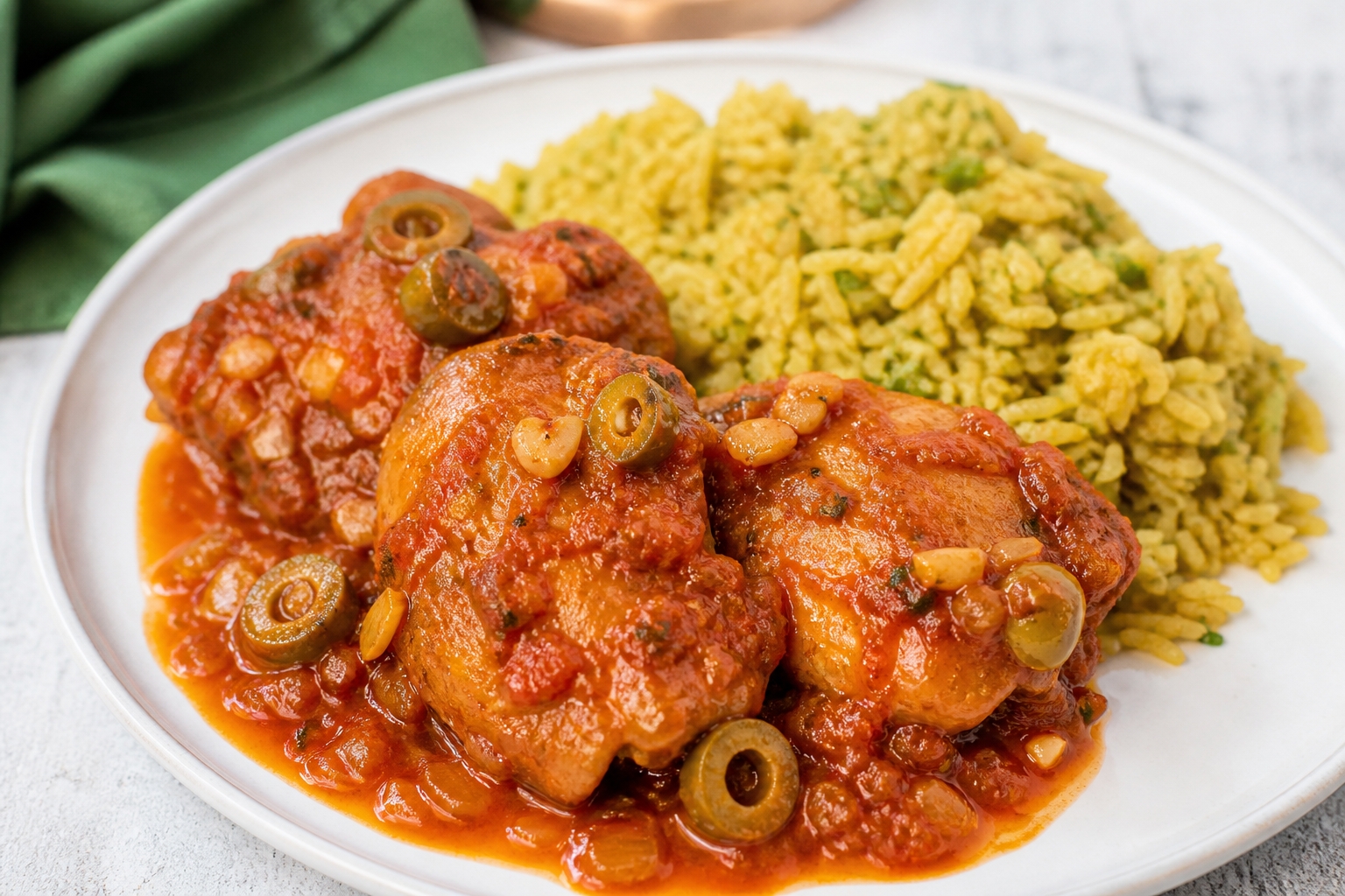 Pollo Cubano en Sofrito de Tomate y Aceitunas con Arroz de Plátano Verde