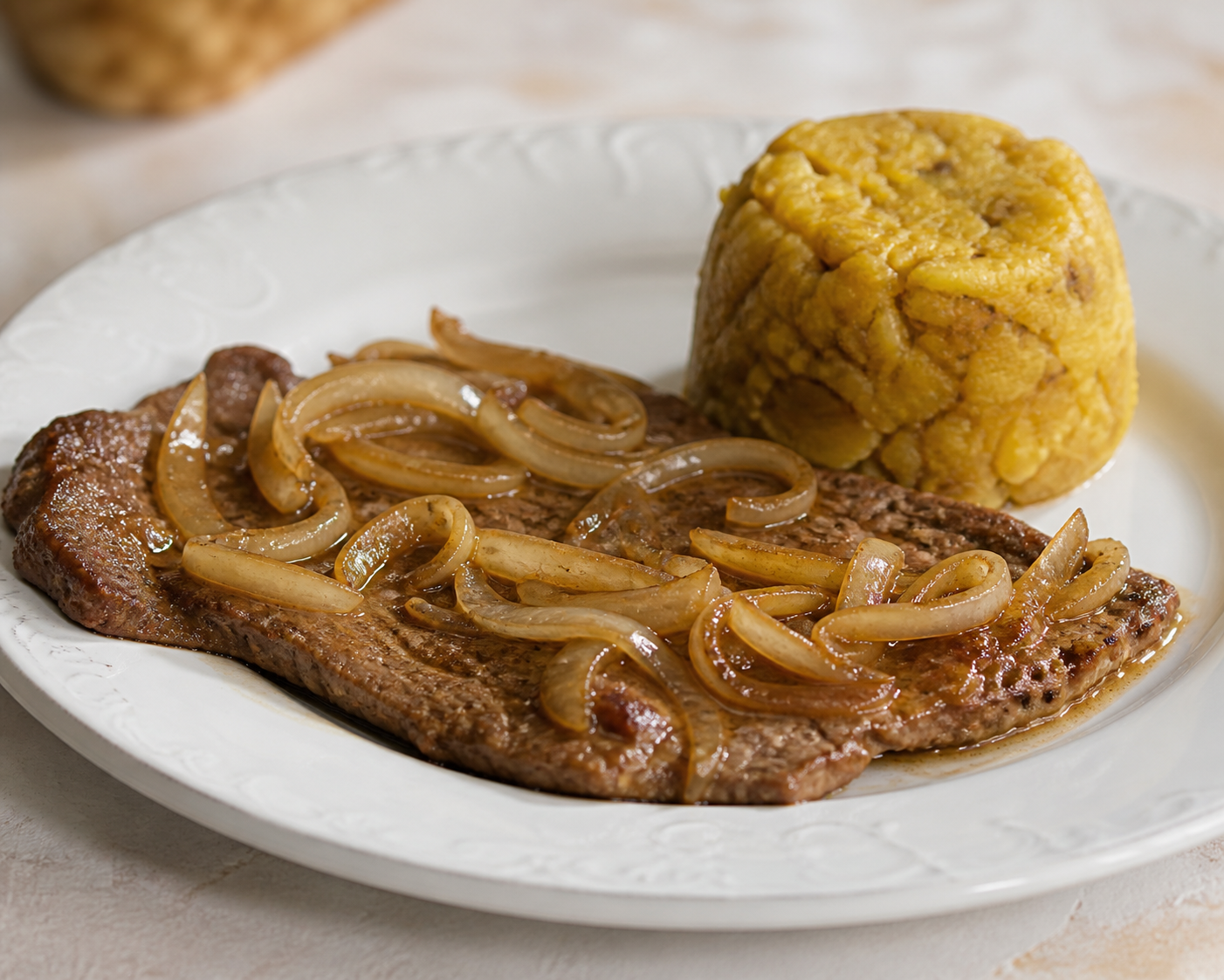 Cuban Onion and Sour Orange Steak with Soft Plantain Mofongo