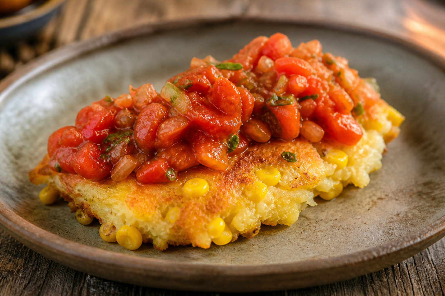 Cauliflower and Corn Milcao with Warm Roasted Tomato Pebre