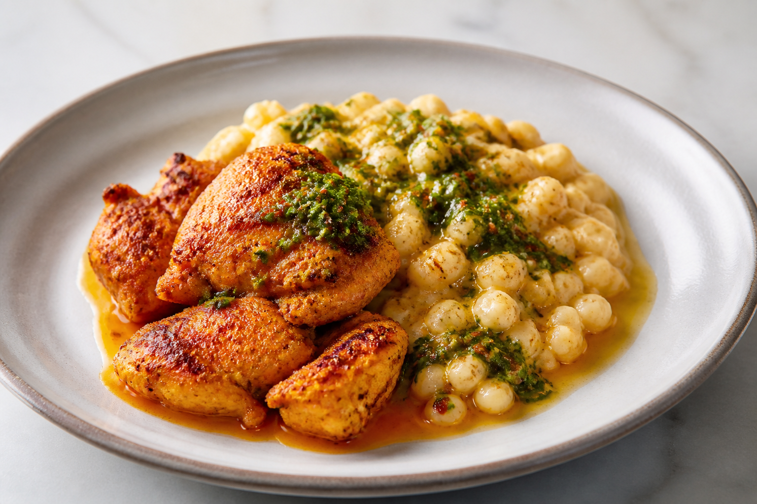 Quito-Style Coconut Chicken with Creamy Hominy and Herb Chili Sauce