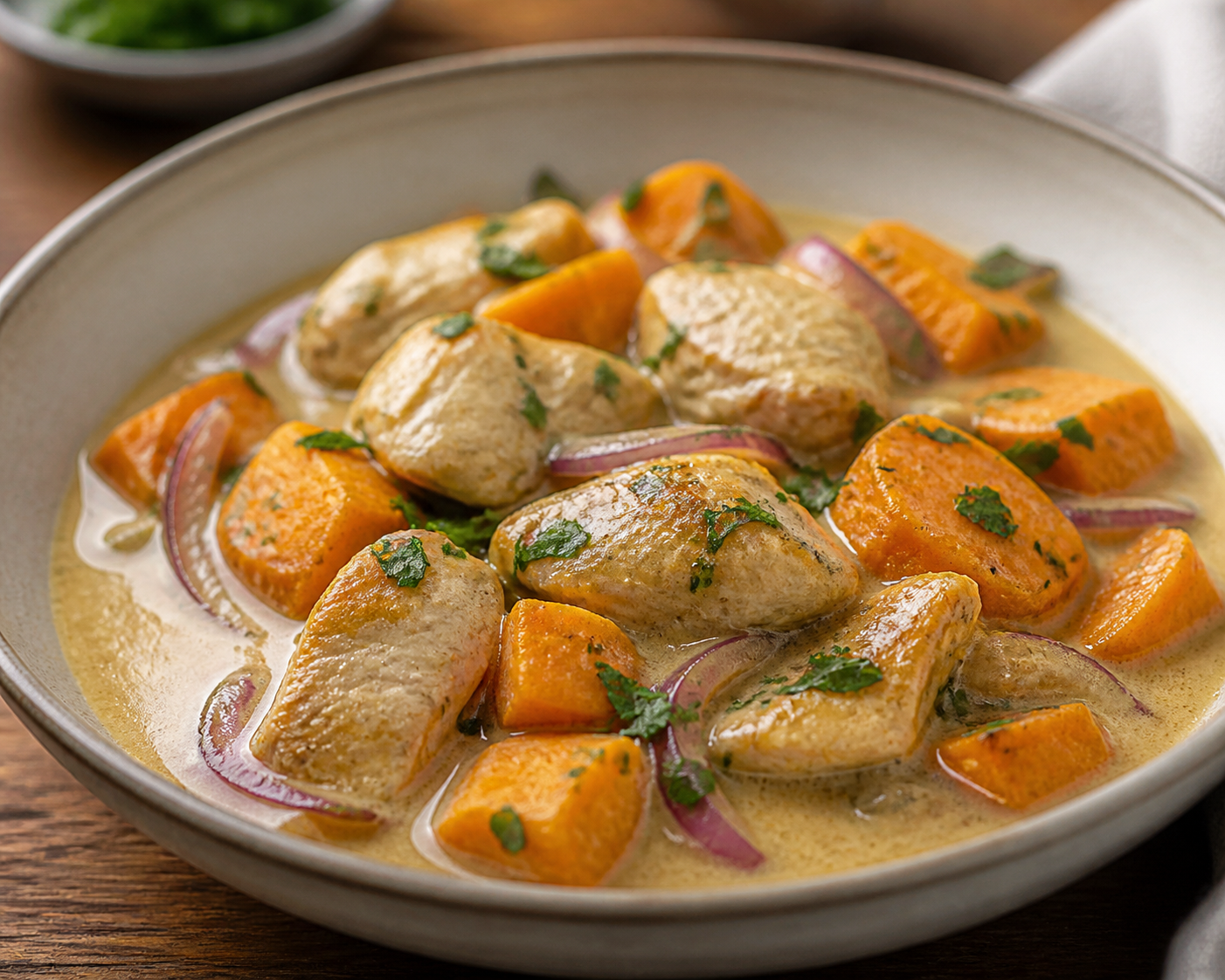 Encocado Quiteño de Pollo con Camote Dorado y Hierbas