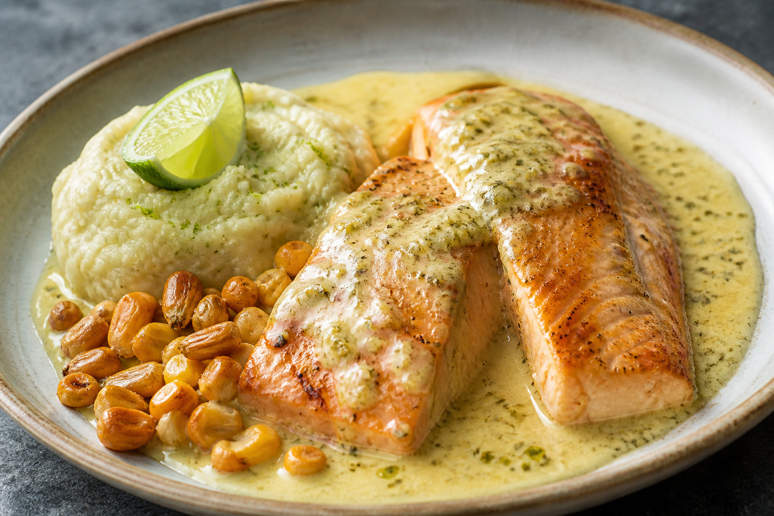 Highland Trout Encocado with Toasted Corn and Lime Yuca Mash