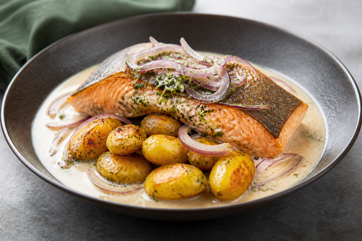Highland Trout Encocado with Crispy Melloco and Herb Aji