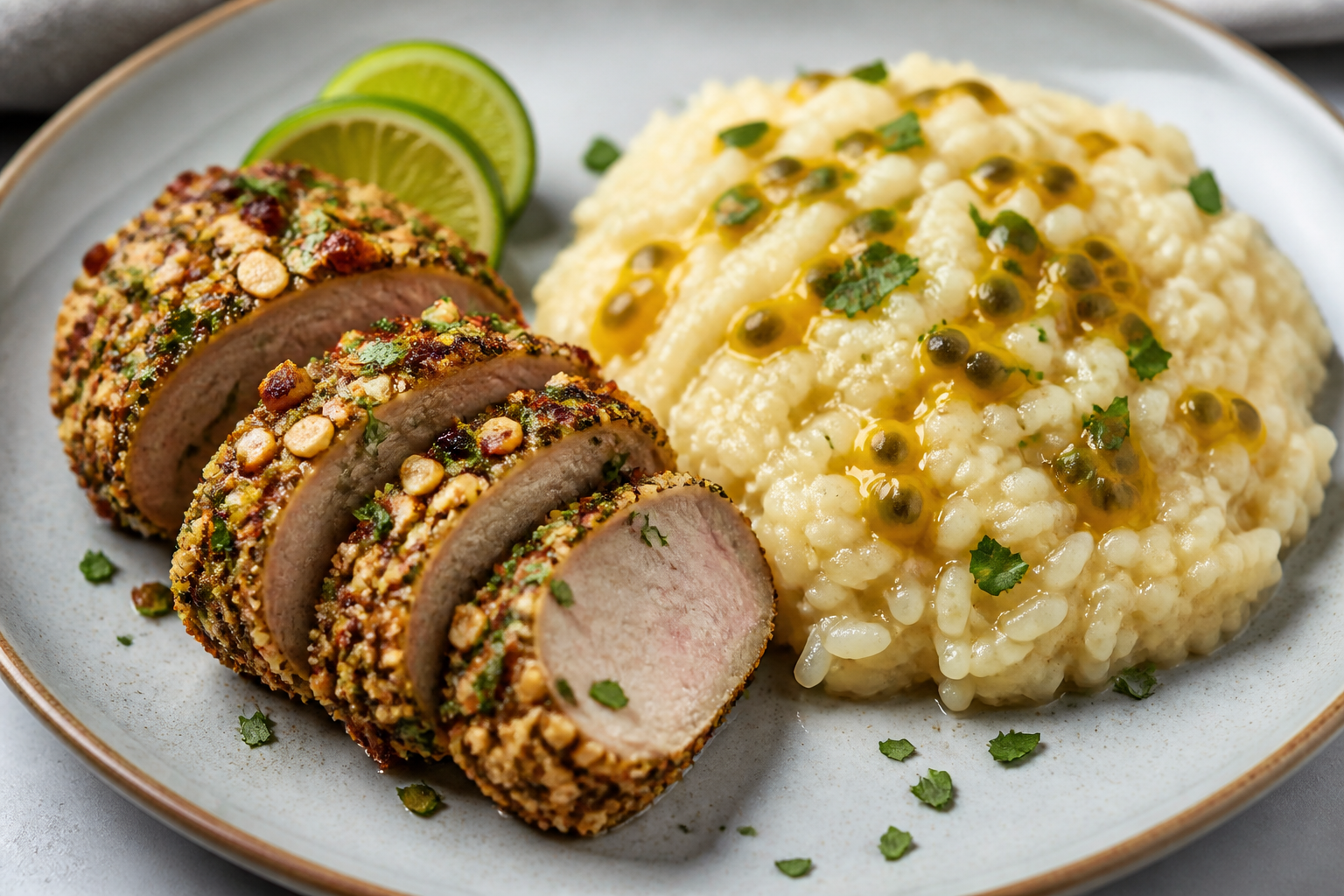 Brazilian Pork Tenderloin with Brazil Nut Crust and Creamy Passion Fruit Rice