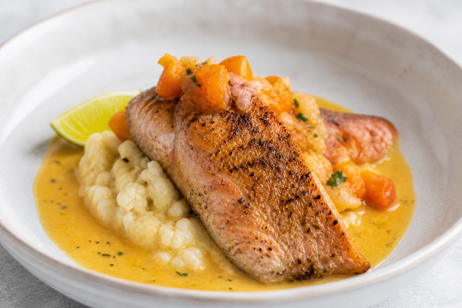 Highland Trout in Coconut Sauce with Creamy Hominy and Tree Tomato Chili