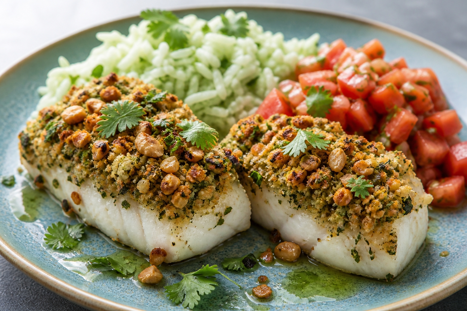 Pescado Brasileño al Horno con Costra de Cajú y Hierbas, Arroz de Coco Verde y Vinagreta de Tomate