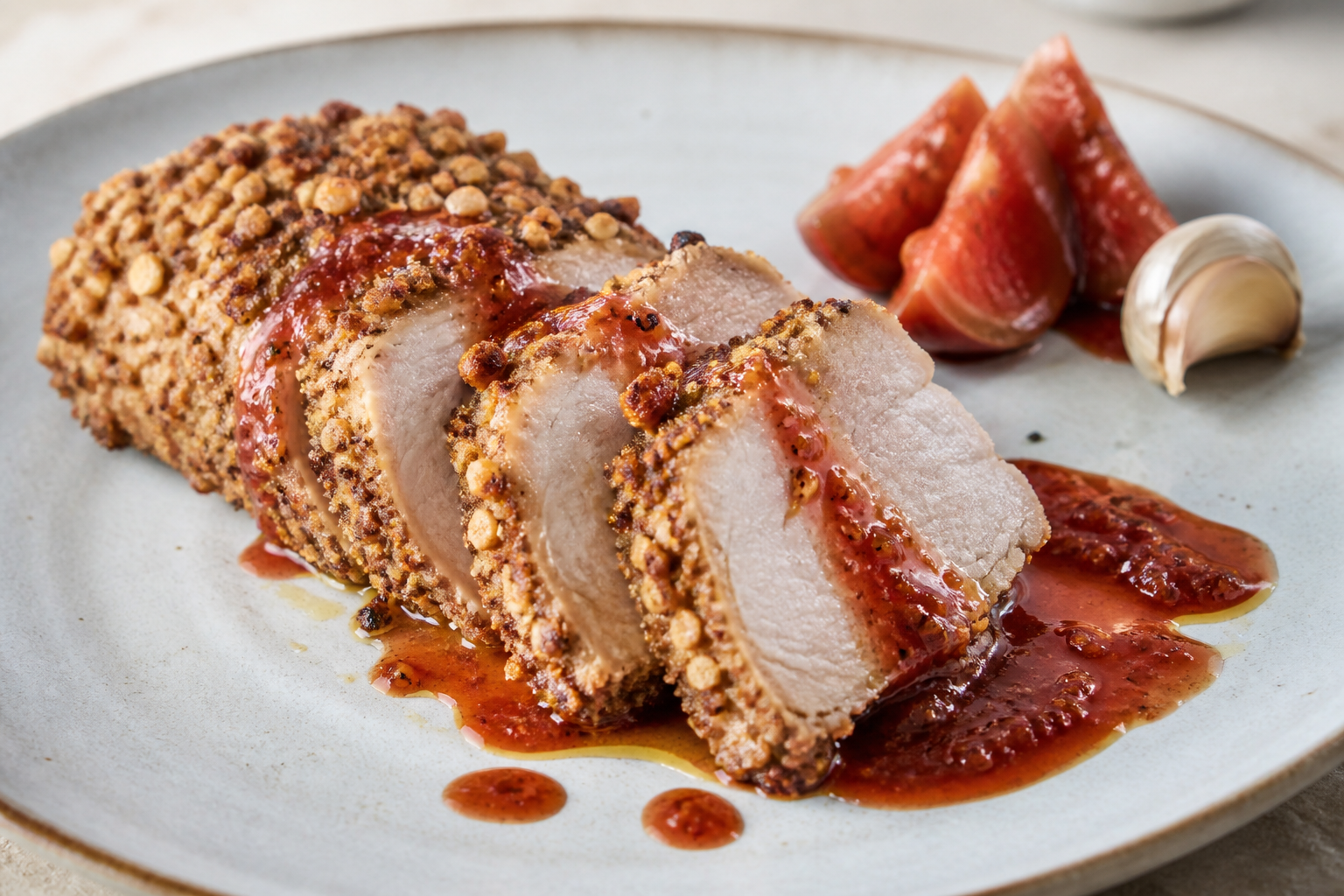 Lomo de Cerdo Brasileño con Costra de Castaña de Pará y Salsa de Guayaba Picante