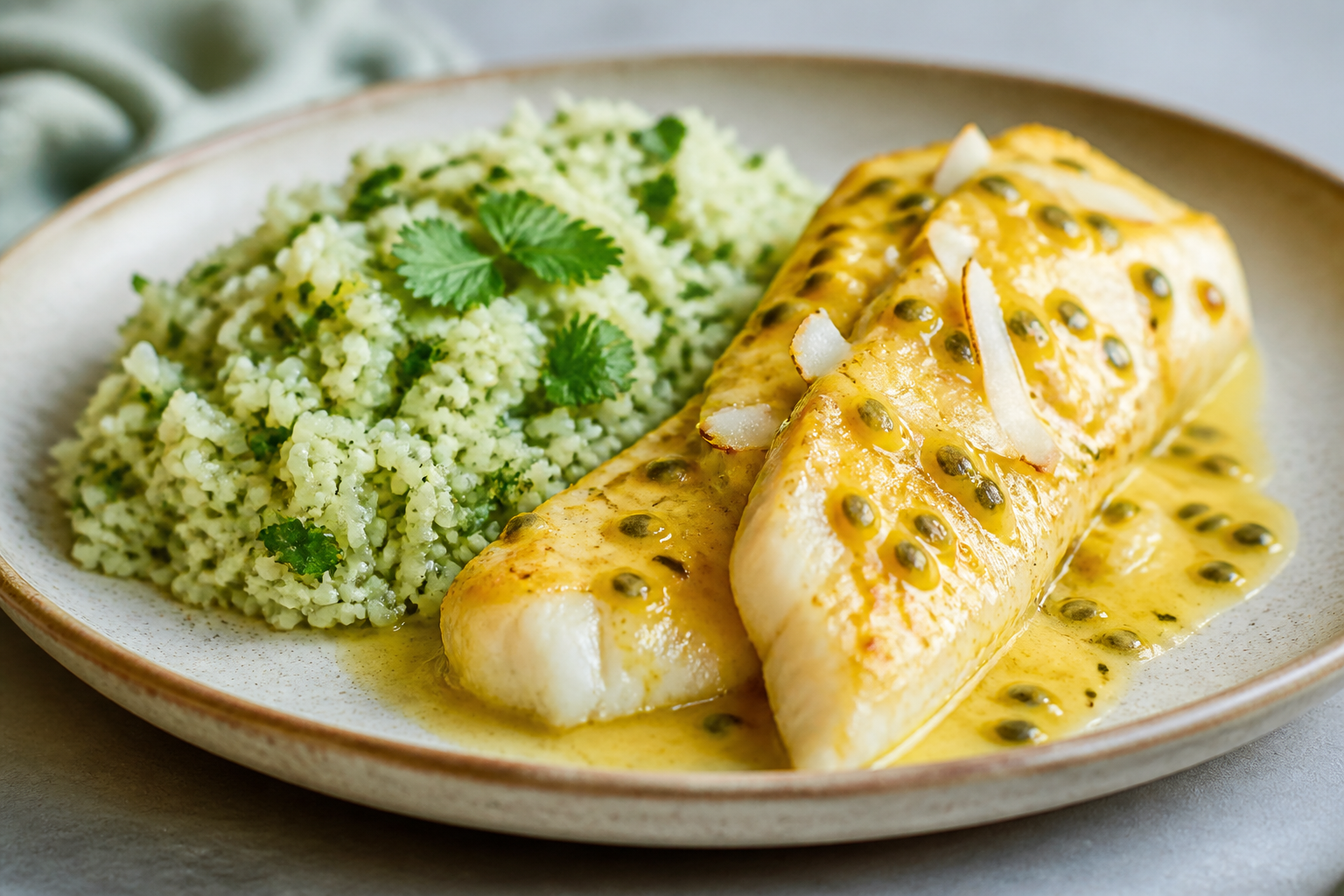 Brazilian Passion Fruit Coconut Fish with Green Cilantro Rice