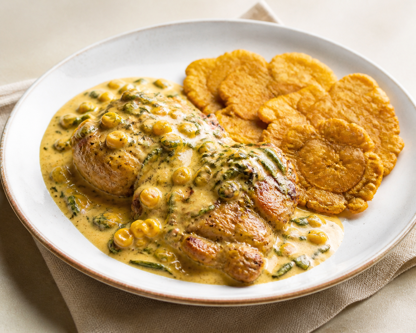 Pollo Hondureño en Salsa de Loroco y Maíz Tierno con Tostones de Yuca