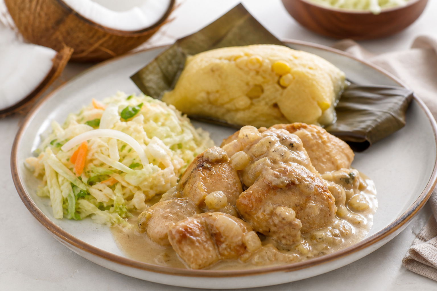 Pollo Hondureño al Coco con Nacatamalito de Elote y Ensalada Tibia de Repollo