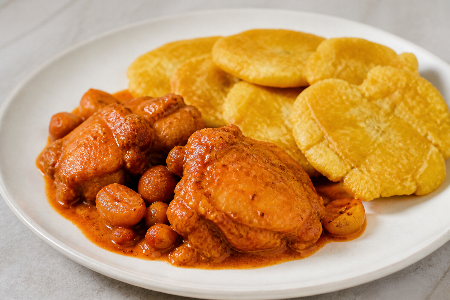 Honduran Chicken in Nance-Achiote Sauce with Yuca Tostones