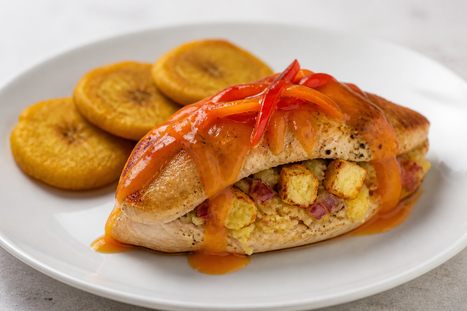 Pollo Dominicano Relleno de Mangú Crujiente con Salsa Suave de Ajíes Dulces
