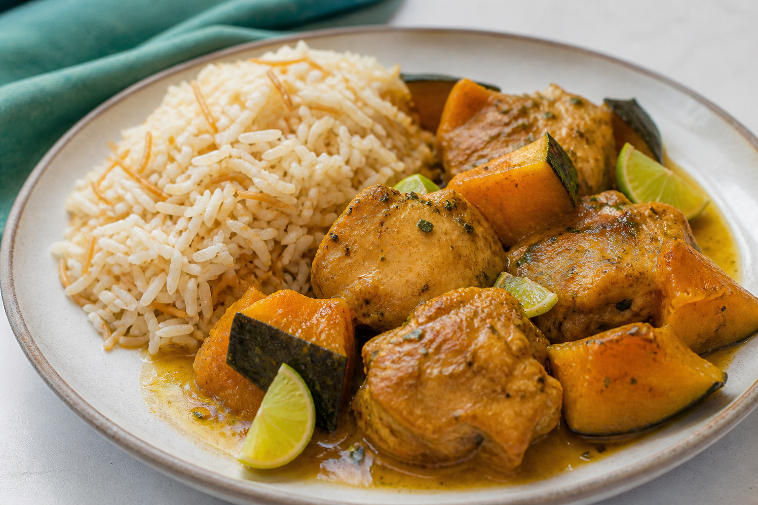 Pollo Dominicano en Salsa de Auyama Asada, Limón y Orégano con Arroz con Fideos Tostados