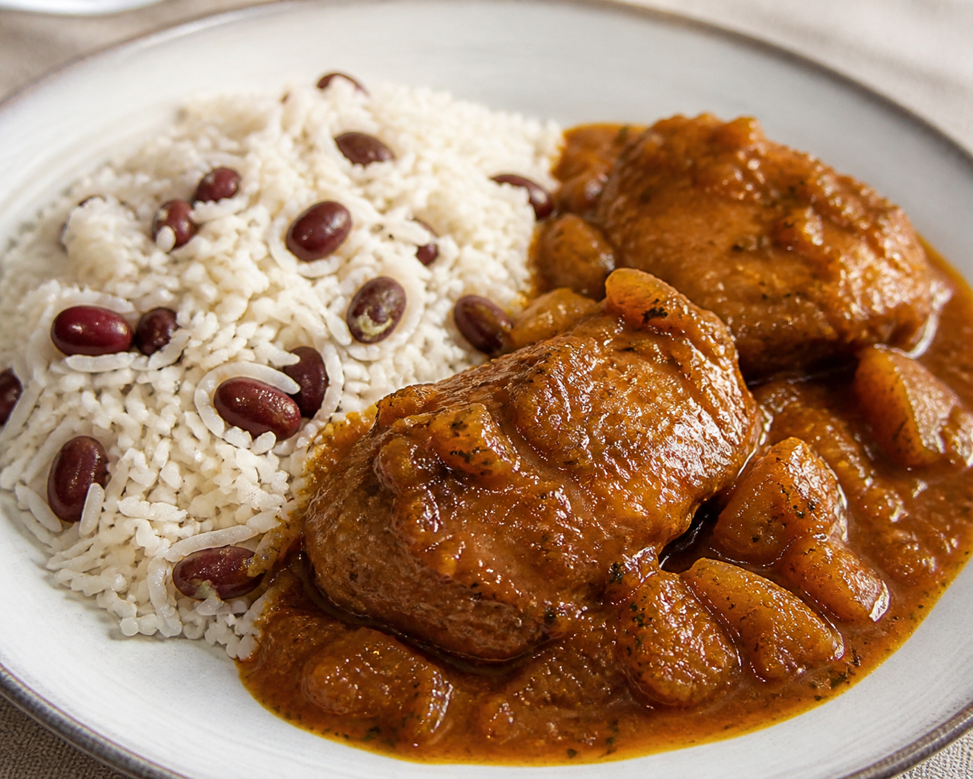 Pollo Dominicano en Salsa de Auyama Asada, Cacao y Orégano con Arroz Moro Suelto