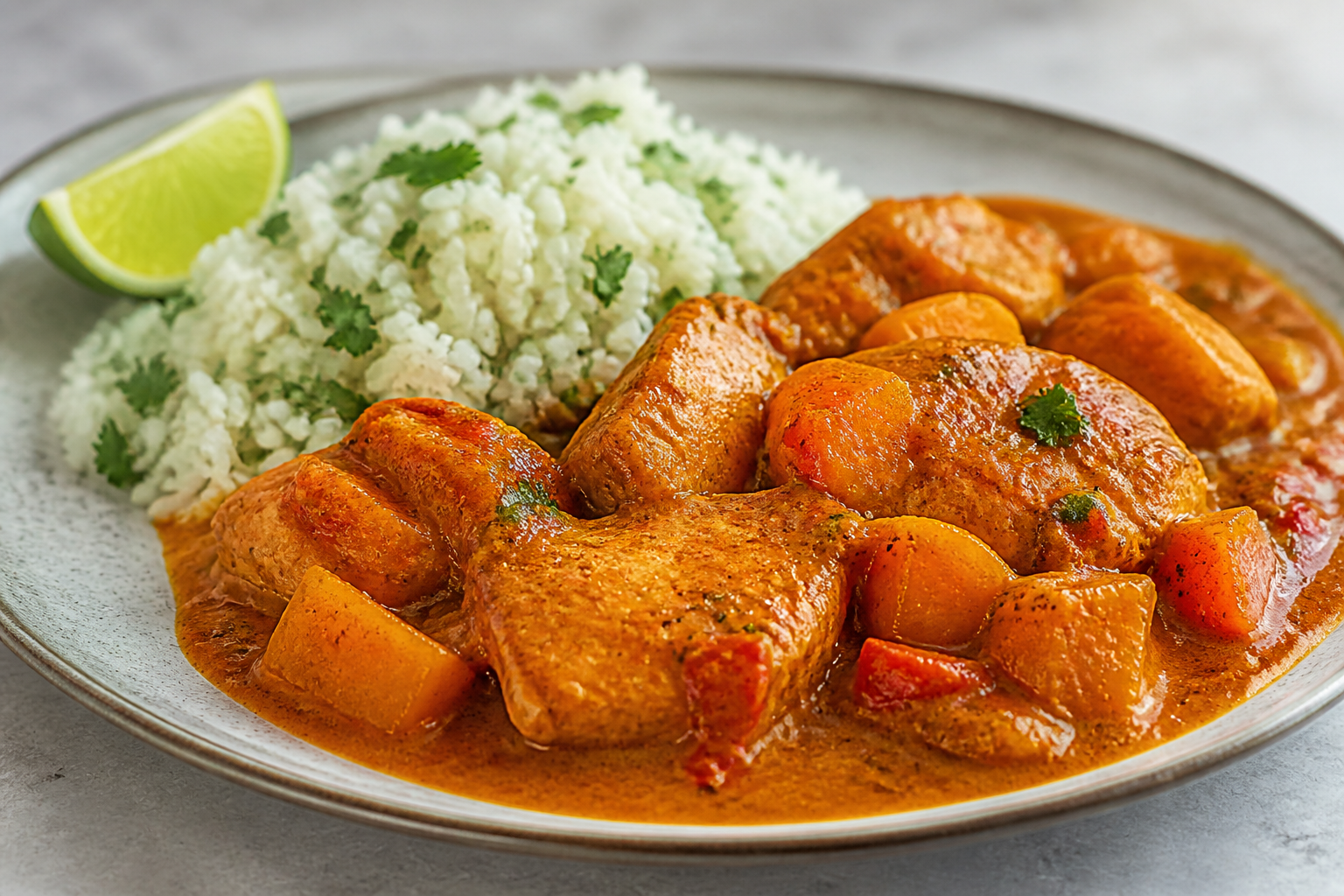 Pollo Dominicano en Salsa de Auyama, Cacao y Ajíes Dulces con Arroz Suelto de Cilantro
