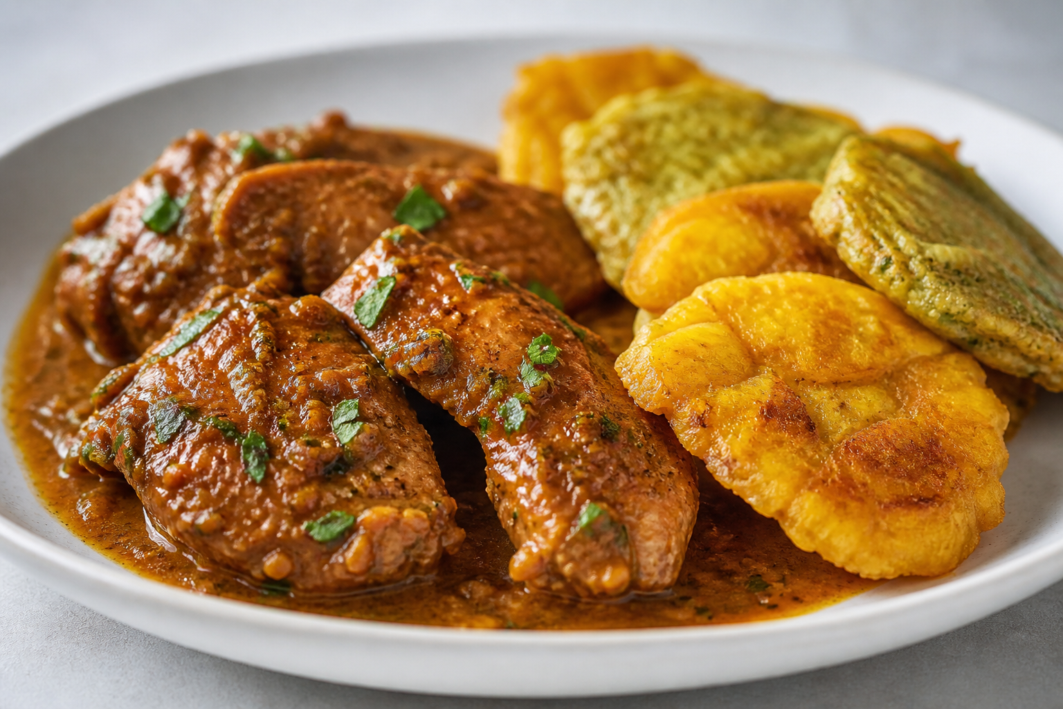 Dominican Creole Chicken in Auyama Pumpkin-Cacao Sauce with Two-Tone Plantain Tostones