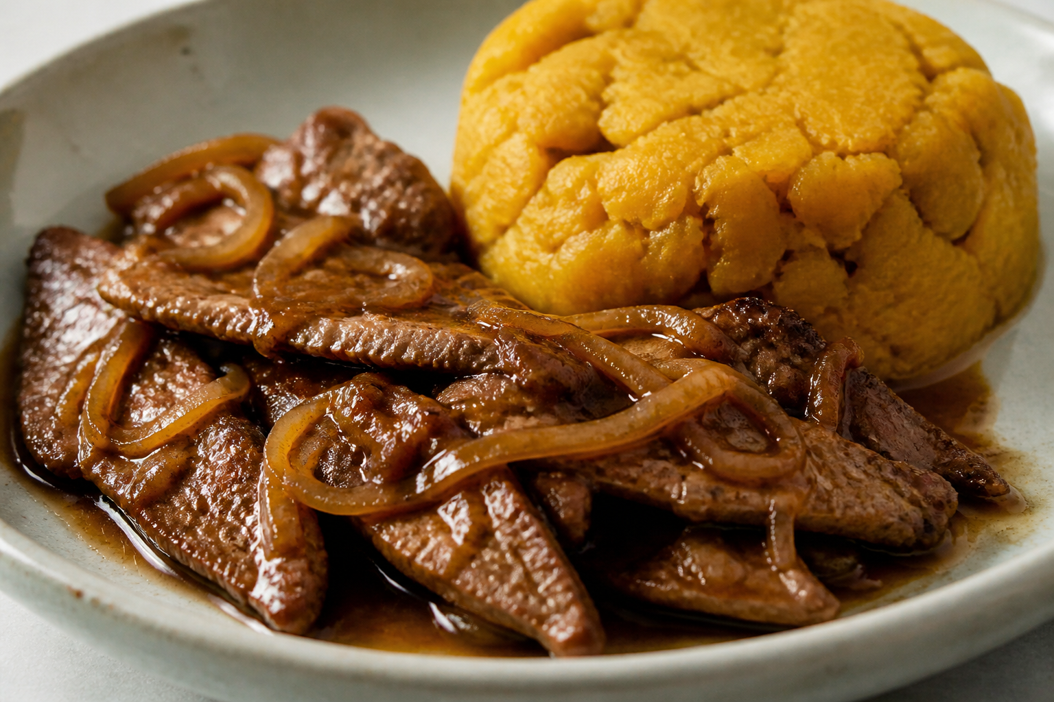 Bistec Boricua en Salsa de Café y Cebolla con Mofongo Suave de Yuca
