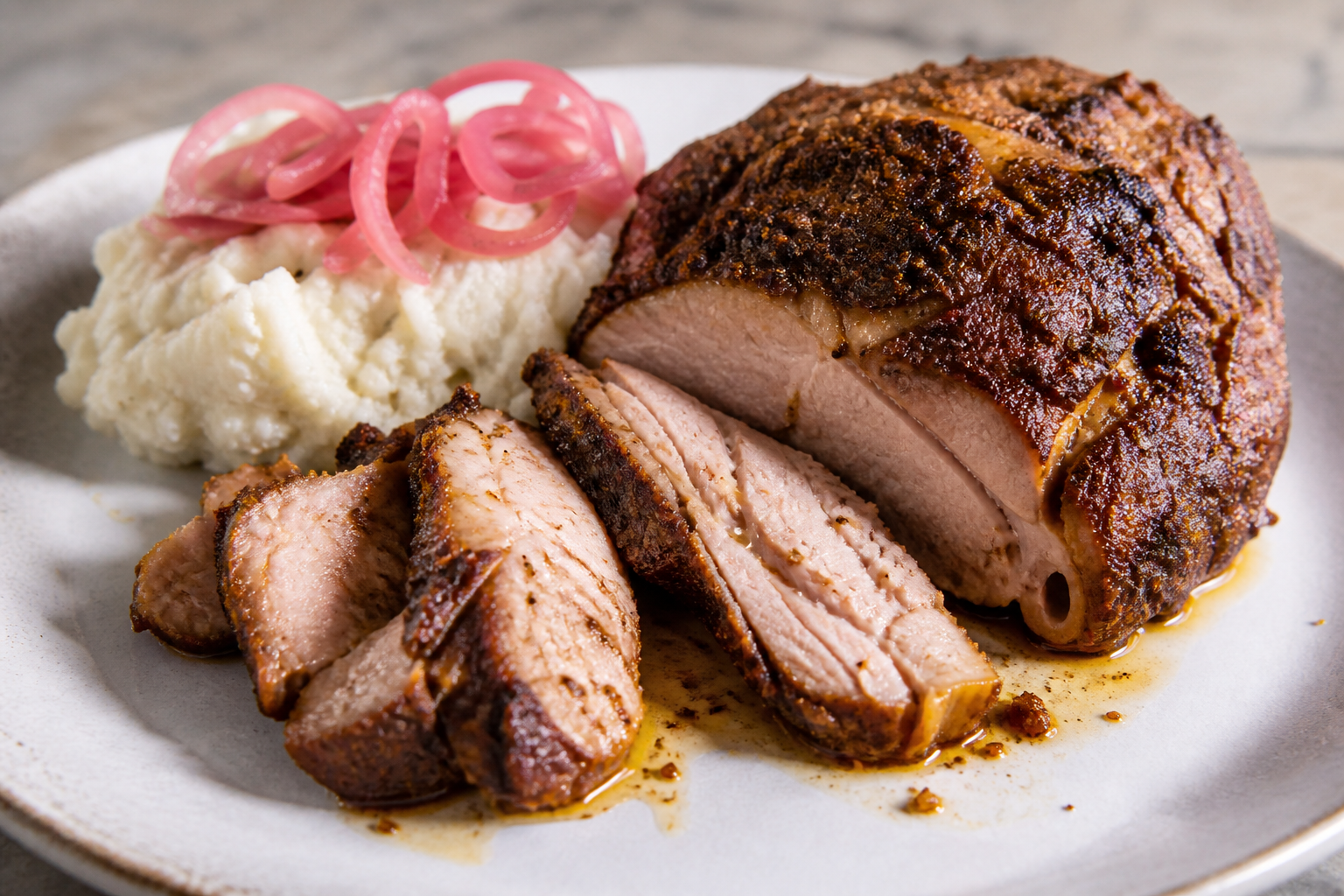 Pernilillo Boricua de Cerdo con Costra de Café y Orégano sobre Majado de Malanga y Cebolla Encurtida