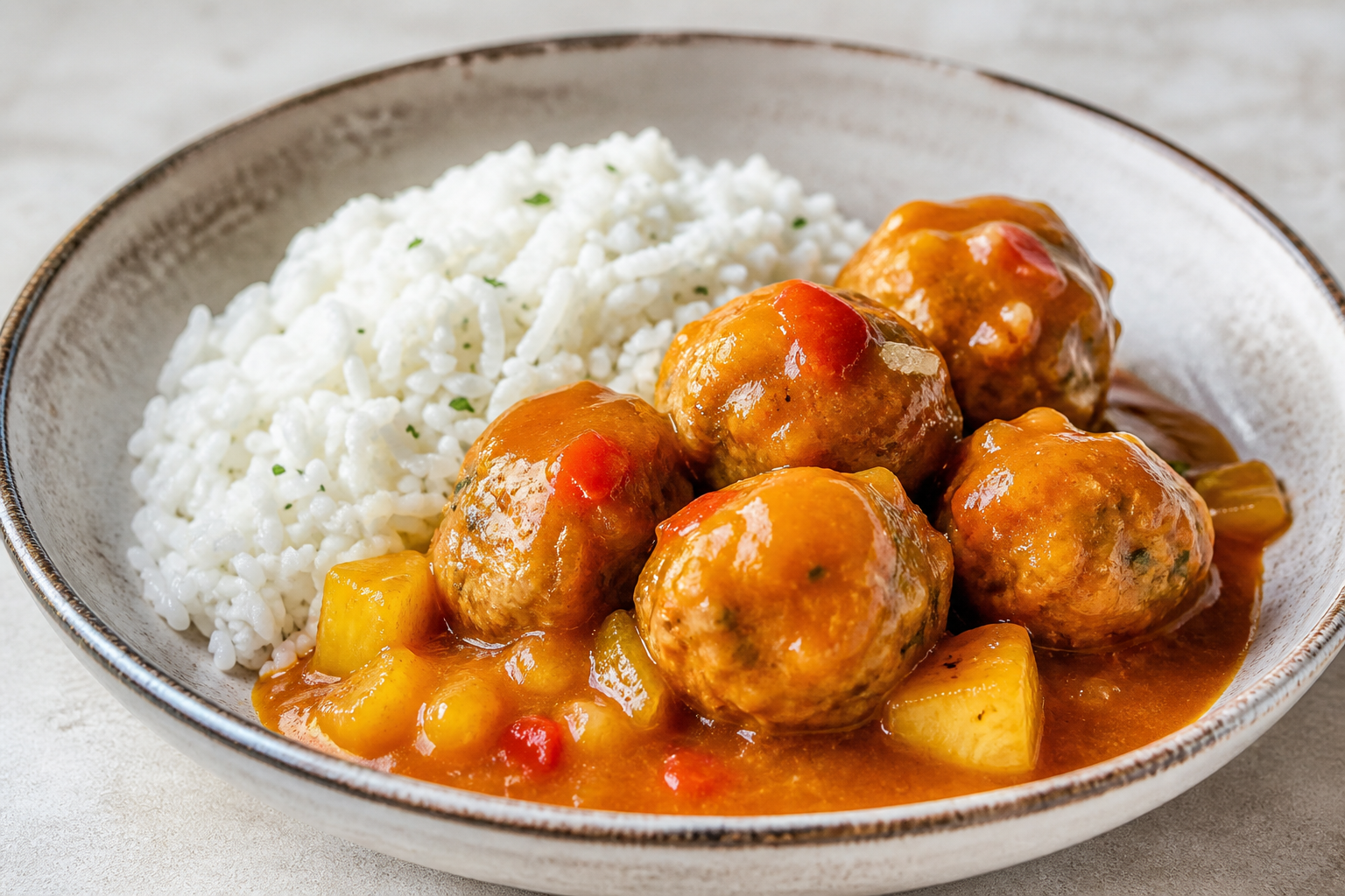 Albóndigas Boricuas de Pavo en Salsa de Ají Dulce y Piña con Arroz de Coco Ligero