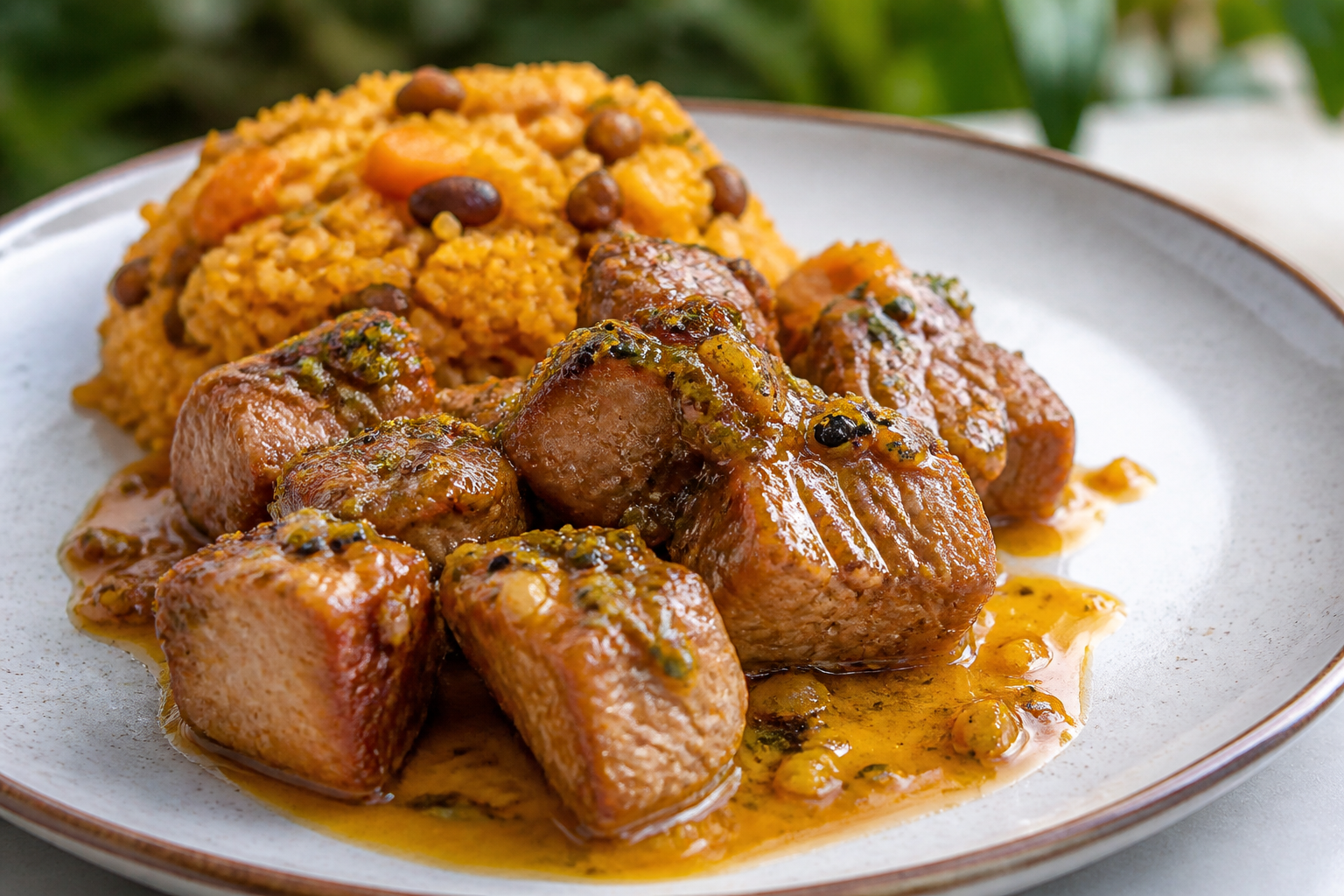 Pernilito Boricua en Adobo de Maracuyá con Mamposteao de Gandules y Calabaza