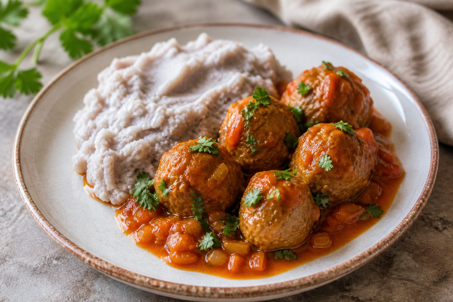 Albóndigas Boricuas de Pavo en Salsa de Ají Dulce con Puré Rústico de Malanga