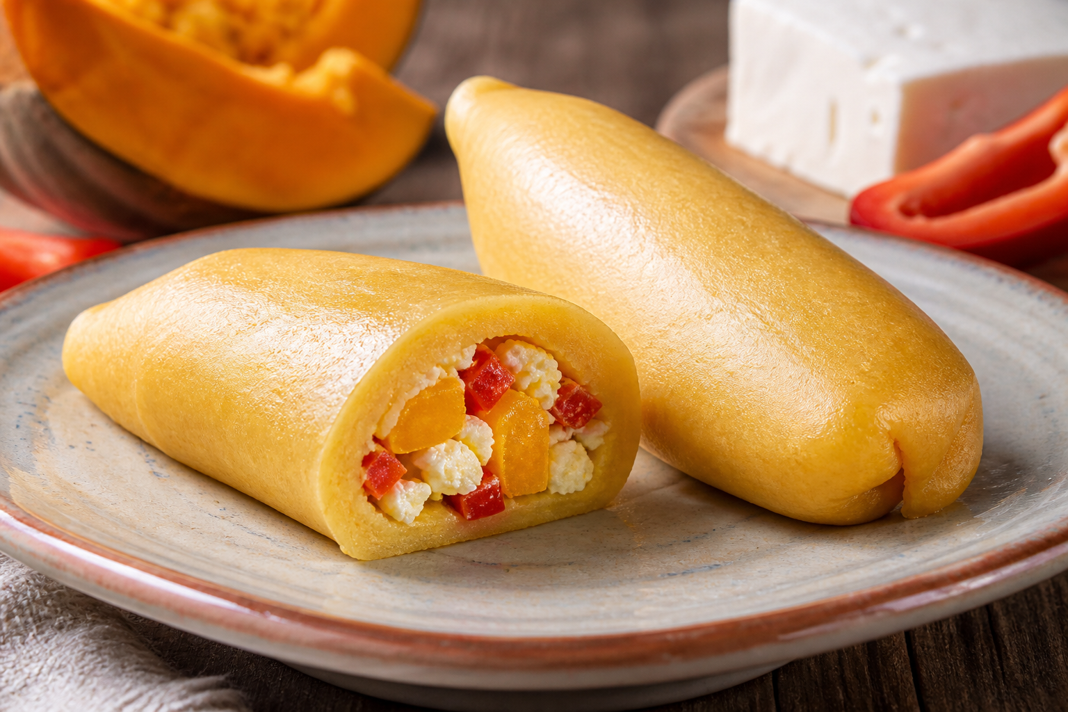 Peeled Corn Dumplings with Sweet Pepper, Squash and White Cheese Filling